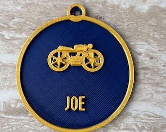 Personalised 3D Printed Motorcycle Ornament, Custom Name Biker Gift (Navy Blue/Gold)