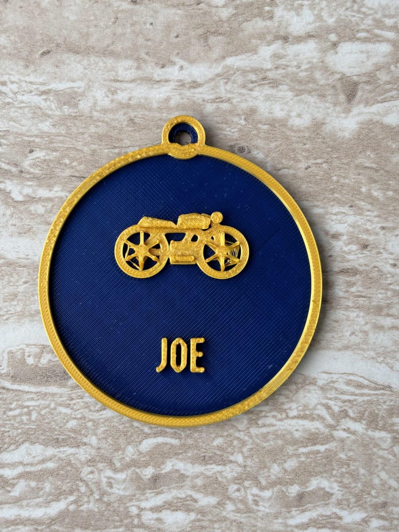 Personalised 3D Printed Motorcycle Ornament, Custom Name Biker Gift (Navy Blue/Gold) immagine 1