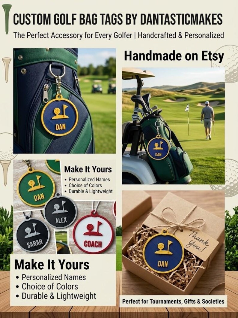 Puede incluir: Etiquetas circulares personalizadas para bolsas de golf con un icono de pelota y bandera, incluyendo nombres como Dan, Alex, Sarah y Coach. Disponibles en varios colores, se muestran colgadas en bolsas de golf y dentro de cajas de regalo.