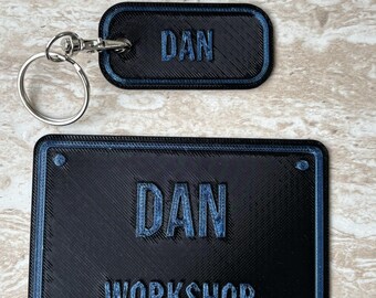 Placa personalizada impresa en 3D para taller, con nombre personalizado, ideal para cobertizo, garaje o cueva de hombre (100 x 70 mm).