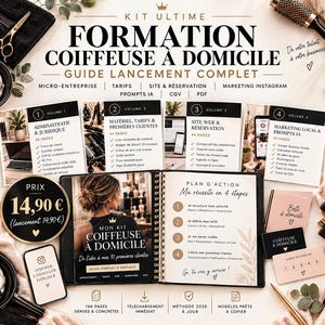 May include: A comprehensive training kit for mobile hairdressers featuring four instructional volumes, a spiral-bound action plan, and business templates. The set includes guides on administration, pricing, marketing, and website setup, presented with professional branding.