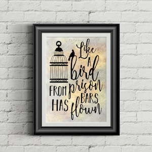 May include: Black and white typography print with a bird in a cage and the text "Like a bird from prison bars has flown". The background is a faded yellow and brown watercolor.
