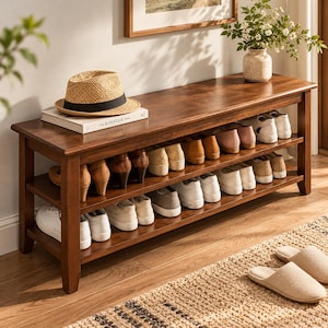 May include: A rectangular wooden shoe bench with two shelves holding various pairs of shoes, including sneakers, heels, and flats. A straw fedora with a black band rests on a book titled The Kinfolk on the bench top surface.
