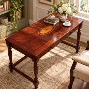 May include: A rectangular wooden desk with a rich mahogany finish, featuring a central oval inlay with a sunburst pattern. The desk has four fluted legs, a single drawer with a small knob, and a smooth, polished surface holding a vase of white flowers.