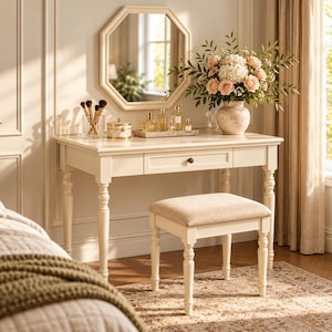 May include: A white vanity table with a central drawer, a matching stool with a beige upholstered seat, and an octagonal wall mirror. The table holds a glass container with makeup brushes, a small lidded jar, and a tray of perfume bottles.