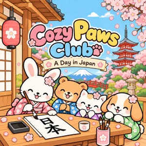 Pode incluir: Uma ilustração colorida intitulada Cozy Paws Club A Day in Japan com um coelho branco, um urso castanho, um gato branco e um cão castanho em quimonos. O coelho escreve os caracteres japoneses para Japão em papel com pincel e tinta.