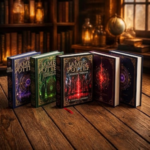 May include: Five hardcover books titled James Potter by G. Norman Lippert, featuring ornate gold-embossed covers in blue, green, black, purple, and dark blue, arranged in a row on a wooden surface with glowing, intricate, magical-themed cover art.