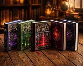 Può includere: Cinque libri con copertina rigida intitolati James Potter di G. Norman Lippert, con copertine ornate in oro in blu, verde, nero, viola e blu scuro, allineati su una superficie in legno con illustrazioni di copertina luminose.