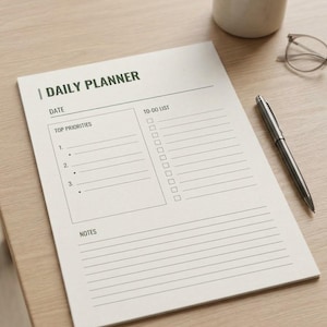 Pode incluir: Uma folha de planeador diário branca com texto e linhas pretas. O cabeçalho diz DAILY PLANNER. Inclui secções para DATE, TOP PRIORITIES com linhas numeradas 1-3, uma TO-DO LIST com caixas de verificação e uma secção para NOTES.