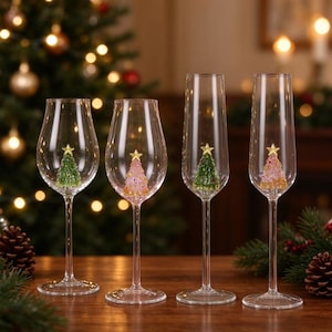 Könnte beinhalten: Vier klare Glasstiele, darunter zwei Weingläser mit breiter Kuppa und zwei hohe Champagnerflöten. Jedes Glas enthält im Inneren eine kleine, dreidimensionale Weihnachtsbaum-Dekoration mit einem goldenen Stern an der Spitze in Grün oder Rosa.