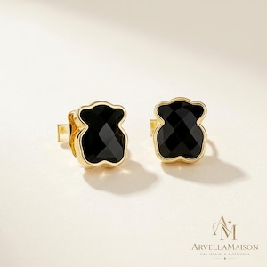 Gold-Tone Black Teddy Bear Stud Earrings for Women, Elegant Minimalist Earrings, Chic Geometric Statement Jewelry, Gift for Her