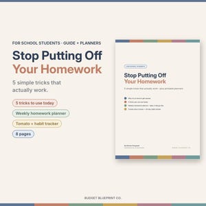Puede incluir: Un conjunto de guía y planificadores digitales titulado Stop Putting Off Your Homework para estudiantes. Incluye 5 trucos sencillos, un planificador de tareas semanal, un rastreador de hábitos y 8 páginas con un diseño colorido y minimalista.