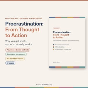 Puede incluir: Una guía PDF digital y un conjunto de hojas de trabajo tituladas Procrastination: From Thought to Action. El documento presenta un fondo crema con texto en azul oscuro, terracota, verde y amarillo, incluyendo 7 métodos y un rastreador de hábitos.