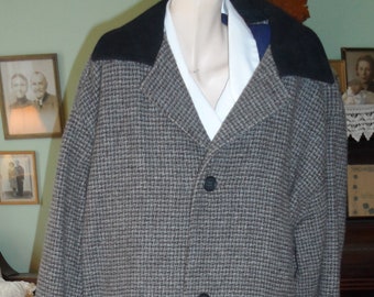 VTG WOOLRICH Men's long over coat Tweed suede collar trench dress Wool gray Large winter