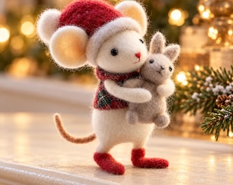 Felt Christmas Mouse with Bunny, Miniature Holiday Decor
