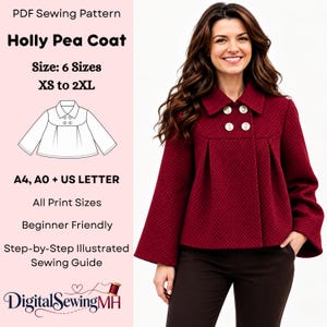 Könnte beinhalten: Ein PDF-Schnittmuster für einen Holly Pea Coat in den Größen XS bis 2XL. Das Bild zeigt einen dunkelroten Kurzmantel mit strukturiertem Muster, breitem Kragen und vier Knöpfen sowie eine technische Zeichnung und Textdetails.
