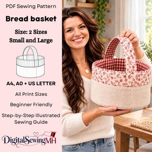 May include: A PDF sewing pattern for a bread basket in two sizes, small and large. The pattern includes A4, A0, and US letter print sizes with a step-by-step illustrated guide. The image shows a round fabric basket with a beige base and floral handle.