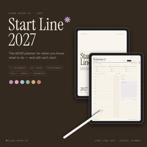 May include: A digital planner titled Start Line 2027 displayed on two tablets with a white stylus. The interface shows daily scheduling sections, a grid area, and text including 6 colourways, 436 pages, hyperlinked, daily + weekly, and Goodnotes.