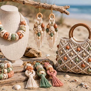 Puede incluir: Un conjunto de macramé que incluye un collar en un busto, un par de pendientes colgantes, tres pulseras, tres llaveros y un bolso. Cada pieza está hecha de cordón color crema con cuentas de madera en tonos terracota y verde salvia.