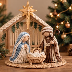 May include: A macrame nativity set featuring figures of Mary in a blue and cream robe, Joseph in a brown and cream robe holding a staff, and a baby in a woven cradle. A wooden stable structure with a large star ornament sits behind them.