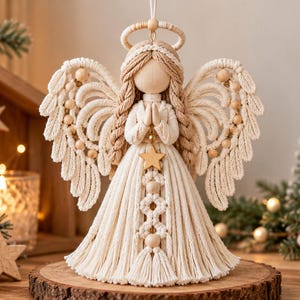 May include: A macrame angel ornament featuring a smooth wooden head, braided tan hair, and a halo. The wings are crafted from cream-colored cord with wooden beads, and the dress is made of knotted cord with a gold star charm at the waist.