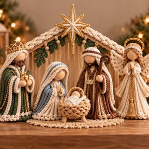 May include: A macrame nativity set featuring figures of a king in green, a woman in blue, a man in brown, and an angel in cream, all with cream cord details. A central manger holds a baby, beneath a cream star and a wooden stable structure.