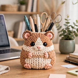 Op de afbeelding: Een gehaakte bureau-organizer in de vorm van een hamster, gemaakt van bruin, crème en roze garen. De hamster heeft grote zwarte ogen, een klein roze neusje en kleine pootjes. Het is gevuld met diverse pennen, potloden en een schaar.