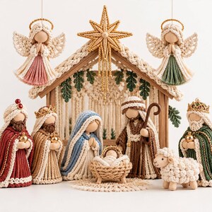 May include: A macrame nativity set featuring a wooden stable topped with a large gold star. The set includes figures of angels, wise men, a shepherd, a central figure in blue, a baby in a cradle, and a sheep, all crafted with cord.