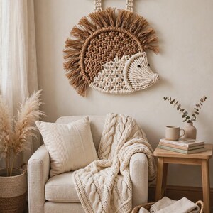 May include: A macrame wall hanging shaped like a hedgehog, featuring a brown knotted back with fringe and a cream-colored face with a black bead eye, suspended from a wooden dowel with a cord loop for mounting on a wall.