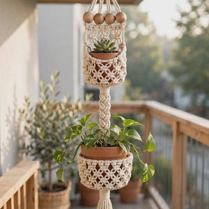 May include: A two-tier macrame plant hanger made of off-white cotton cord featuring wooden beads, a braided centre section, and a bottom tassel. It holds two terracotta pots, one containing a succulent and the other a pothos plant.