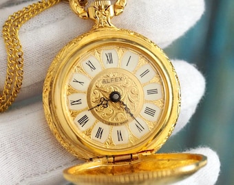 Vintage Alfex Gold Tone Mechanical Pocket Watch 34mm – Floral Cover – Wind-Up German Watch