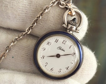 CHATEAU - Collier montre en argent - Petite montre vintage avec pendentif en argent pour femme fabriquée en Suisse, saphir bleu et émail