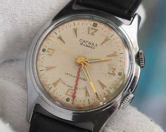 Signal 1McHZ - Rare montre SIGNAL pour hommes de l'URSS des années 1950, montre-bracelet à remontage mécanique vintage avec alarme