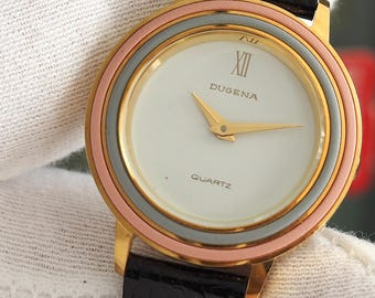 Vintage Dugena Ladies Watch: Gold Quartz, Enamel Bezel, German Made
