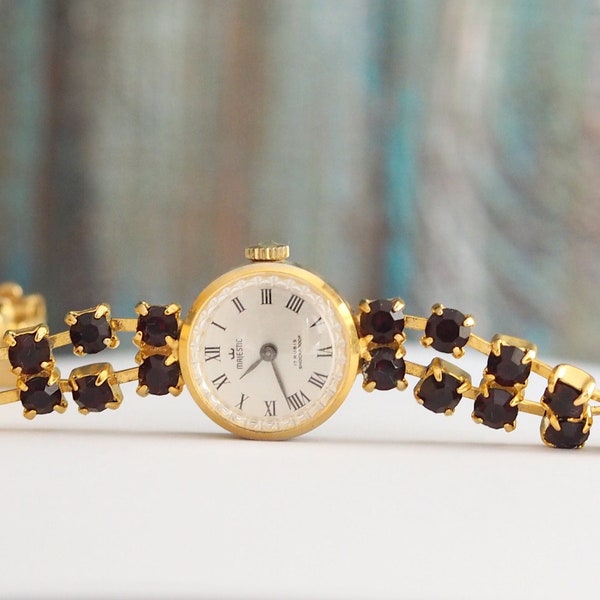 MAJESTIC  -  Vintage German mechanical wind up Ladies Watch Garnet gemstones -  ,  vintage  women's watch