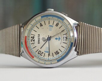 RAKETA - Montre mécanique à remontage manuel pour hommes Raketa Watch 24 heures - URSS des années 1970, rare montre 24 heures Raketa