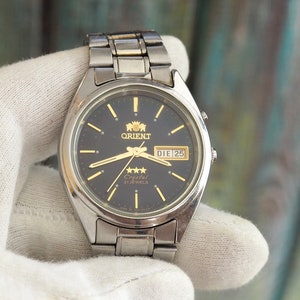 Vintage Orient Automatic Men&#39;s Watch | 37mm Black Dial | Self-Winding Mechanical 1970s Japan | Day-Date | Stainless Steel