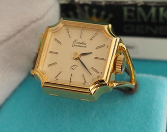 EMKA Swiss Quartz Ring Watch Gold plated Adjustable Open Ring Vintage Ladies Watch