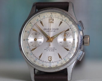 Chronographe Leuba Louis GENEVE, cal Venus 188 - Montre chronographe suisse vintage des années 50, cal. Venus 188, boîtier de 34 mm
