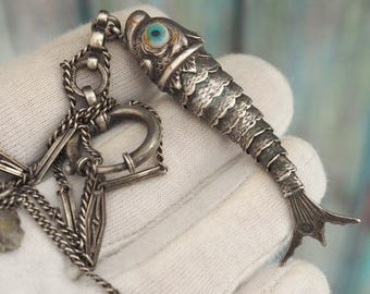 Antique 800 Silver Fish Pocket Watch Chain Fob Articulated Fish Charm 44cm Albert Chain Vintage Accessory