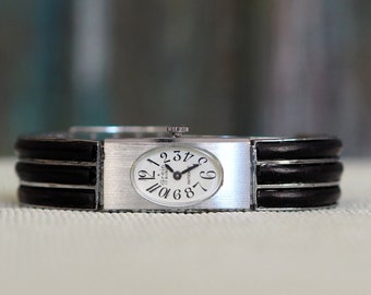 1970's German bangle Women's Watch Grein - ebony wood inlay ,  vintage wind up mechanical women's watch