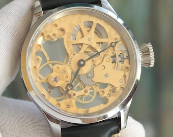 Custom Skeleton Mechanical Watch – Unitas 6497 Hand-Wound Movement, 43mm Case, Gold-Tone Gears, Openwork front