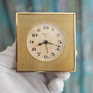 Vintage Swiza 8-Day Alarm Clock – Swiss Made Manual Wind-Up Brass Desk Clock – Mid Century Working Travel Clock