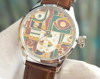 43mm Custom Mechanical Watch – ETA Unitas 6498 Manual Wind, Art Dial, Handcrafted Swiss Movement, Brown Leather Strap enameled dial