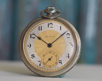 Art Deco Schweizer Uhr MEDANA 1920-30, Vintage mechanische Taschenuhr MEDANA