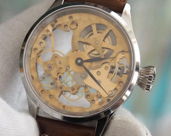 Custom Skeleton Mechanical Watch – Unitas 6497 Hand-Wound Movement, 43mm Case, Gold-Tone Gears, Openwork front