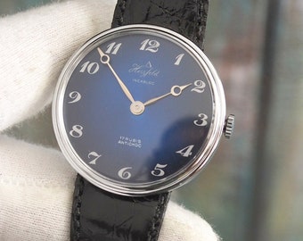 HERZFELD German mechanical wind up men's watch-mint condition, unworn, blue ombre dial, jumbo case