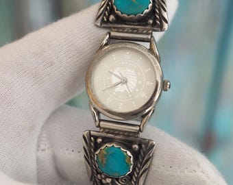 Vintage Turquoise Watch Bracelet Sterling Silver Native American Style Cuff Quartz Womens Southwestern Jewelry