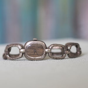 Silver and Oak - 0.925 sterling silver custom  women&#39;s Watch, 17 jewels mechanical movement, oak dial, gift for her