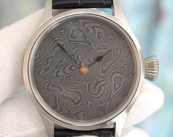 Custom Damascus dial Watch, skeleton ETA  6498 Hand-Wound Mechanical movement, Damascus watch